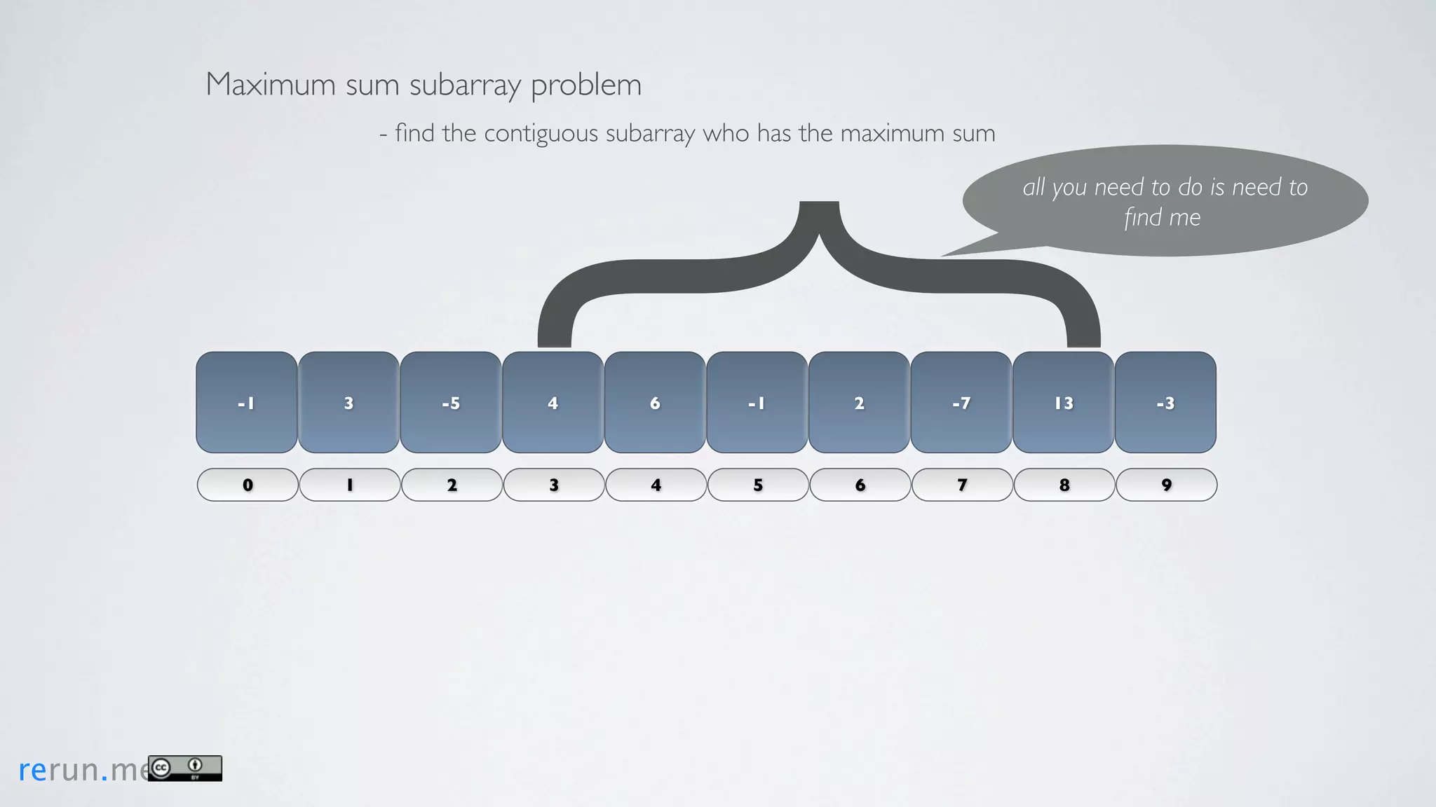 Maximum sum subarray problem
                       - ﬁnd the contiguous subarray who has the maximum sum

                                                                               all you need to do is need to




                         {
                                                                                         ﬁnd me




             -1    3        -5       4        6       -1       2        -7        13        -3



             0     1        2        3        4        5       6        7         8          9




rerun.me
 