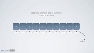 Let’s take a sample bag of numbers
                                   stored in an array



           -1   3   -5        4      6      -1      2         -7   13   -3



           0    1   2         3      4       5      6         7    8    9




                                                                             index



rerun.me
 