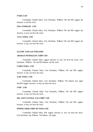 94
NMDC LTD
Commodity Channel Index, Fast Stochastic, Williams %R and RSI suggest the
investors to sell the stock
SESA STERLITE LTD
Commodity Channel Index, Fast Stochastic, Williams %R and RSI suggest the
investors to stay out from the stock.
TATA STEEL LTD
Commodity Channel Index, Fast Stochastic, Williams %R and RSI suggest the
investors to stay out from the stock.
5.2.9.OIL AND GAS INDUSTRY
BHARAT PETROLIAM CORP LTD
Commodity Channel Index suggest investors to stay out from the stock, Fast
Stochastic, Williams %R and RSI indicate sell the stock
CAIRN INDIA LTD
Commodity Channel Index, Fast Stochastic, Williams %R and RSI suggest
investors to stay out from the stock.
GAIL INDIA LTD
Commodity Channel Index, Fast Stochastic, Williams %R indicate buy signal
and RSI suggest investors to stay out from the stock
NTPC LTD
Commodity Channel Index, Fast Stochastic, Williams %R and RSI suggest
investors to stay out from the stock.
OIL AND NATURAL GAS CORP LTD
Commodity Channel Index, Fast Stochastic, Williams %R and RSI suggest
investors to stay out from the stock
POWER GRID CORP OF INDIA LTD
Commodity Channel Index, RSI suggest investors to stay out from the stock,
Fast Stochastic and Williams %R indicate sell signal
 