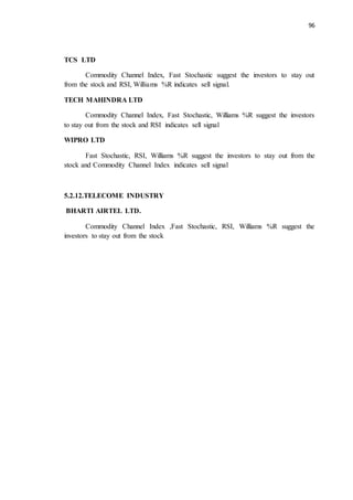 96
TCS LTD
Commodity Channel Index, Fast Stochastic suggest the investors to stay out
from the stock and RSI, Williams %R indicates sell signal.
TECH MAHINDRA LTD
Commodity Channel Index, Fast Stochastic, Williams %R suggest the investors
to stay out from the stock and RSI indicates sell signal
WIPRO LTD
Fast Stochastic, RSI, Williams %R suggest the investors to stay out from the
stock and Commodity Channel Index indicates sell signal
5.2.12.TELECOME INDUSTRY
BHARTI AIRTEL LTD.
Commodity Channel Index ,Fast Stochastic, RSI, Williams %R suggest the
investors to stay out from the stock
 