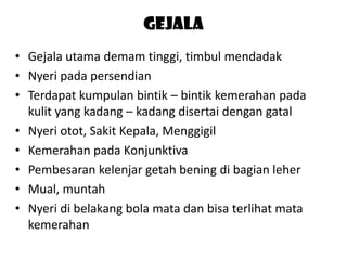 gejala
• Gejala utama demam tinggi, timbul mendadak
• Nyeri pada persendian
• Terdapat kumpulan bintik – bintik kemerahan pada
kulit yang kadang – kadang disertai dengan gatal
• Nyeri otot, Sakit Kepala, Menggigil
• Kemerahan pada Konjunktiva
• Pembesaran kelenjar getah bening di bagian leher
• Mual, muntah
• Nyeri di belakang bola mata dan bisa terlihat mata
kemerahan

 