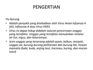 PENGERTIAN
Flu Burung
• Adalah penyakit yang disebabkan oleh Virus Avian Infuenza A
(AI), Influenza A atau Virus H5N1
• Virus ini dapat hidup didalam saluran pencernaan unggas
yang terinfeksi. Unggas yang terinfeksi menularkan melalui
air liur, ingus, dan kotorannya.
• Jenis unggas yang terserang adalah ayam, kalkun, merpati,
unggas air, burung-burung peliharaan dan burung liar, hewan
mamalia (babi, kuda, anjing laut, harimau, kucing, dan macan
tutul)

 