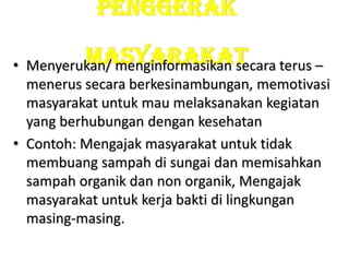PENGGERAK
•

MASYARAKAT terus –
Menyerukan/ menginformasikan secara

menerus secara berkesinambungan, memotivasi
masyarakat untuk mau melaksanakan kegiatan
yang berhubungan dengan kesehatan
• Contoh: Mengajak masyarakat untuk tidak
membuang sampah di sungai dan memisahkan
sampah organik dan non organik, Mengajak
masyarakat untuk kerja bakti di lingkungan
masing-masing.

 