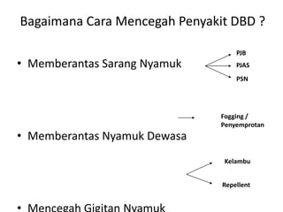 Bagaimana Cara Mencegah Penyakit DBD ?
• Memberantas Sarang Nyamuk

PJB
PJAS
PSN

• Memberantas Nyamuk Dewasa

Fogging /
Penyemprotan

Kelambu
Repellent

 