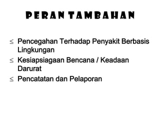PERAN TAMBAHAN
Pencegahan Terhadap Penyakit Berbasis
Lingkungan
Kesiapsiagaan Bencana / Keadaan
Darurat
Pencatatan dan Pelaporan

 