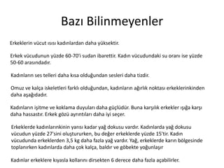 Bazı	
 Bilinmeyenler	
 
Erkeklerin	
 vücut	
 ısısı	
 kadınlardan	
 daha	
 yüksek^r.	
 	
 
Erkek	
 vücudunun	
 yüzde	
 60-­‐70'i	
 sudan	
 ibarejr.	
 Kadın	
 vücudundaki	
 su	
 oranı	
 ise	
 yüzde	
 
50-­‐60	
 arasındadır.	
 
Kadınların	
 ses	
 telleri	
 daha	
 kısa	
 olduğundan	
 sesleri	
 daha	
 ^zdir.	
 
Omuz	
 ve	
 kalça	
 iskeletleri	
 farklı	
 olduğundan,	
 kadınların	
 ağırlık	
 noktası	
 erkeklerinkinden	
 
daha	
 aşağıdadır.	
 
Kadınların	
 işitme	
 ve	
 koklama	
 duyuları	
 daha	
 güçlüdür.	
 Buna	
 karşılık	
 erkekler	
 ışığa	
 karşı	
 
daha	
 hassasZr.	
 Erkek	
 gözü	
 ayrınZları	
 daha	
 iyi	
 seçer.	
 
Erkeklerde	
 kadınlarınkinin	
 yarısı	
 kadar	
 yağ	
 dokusu	
 vardır.	
 Kadınlarda	
 yağ	
 dokusu	
 
vücudun	
 yüzde	
 27'sini	
 oluştururken,	
 bu	
 değer	
 erkeklerde	
 yüzde	
 15'^r.	
 Kadın	
 
vücudunda	
 erkeklerden	
 3,5	
 kg	
 daha	
 fazla	
 yağ	
 vardır.	
 Yağ,	
 erkeklerde	
 karın	
 bölgesinde	
 
toplanırken	
 kadınlarda	
 daha	
 çok	
 kalça,	
 baldır	
 ve	
 göbekte	
 yoğunlaşır	
 
Kadınlar	
 erkeklere	
 kıyasla	
 kollarını	
 dirsekten	
 6	
 derece	
 daha	
 fazla	
 açabilirler.	
 

 