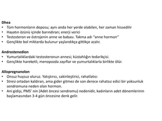 Dhea	
 
•  Tüm	
 hormonların	
 deposu;	
 aynı	
 anda	
 her	
 yerde	
 olabilen,	
 her	
 zaman	
 hissedilir	
 
•  HayaZn	
 özünü	
 içinde	
 barındıran;	
 enerji	
 verici	
 
•  Testosteron	
 ve	
 östrojenin	
 anne	
 ve	
 babası.	
 Takma	
 adı	
 ‘’anne	
 hormon’’	
 
•  Gençlikte	
 bol	
 miktarda	
 bulunur	
 yaşlandıkça	
 gijkçe	
 azalır.	
 
Androstenedion	
 
•  Yumurtalıklardaki	
 testosteronun	
 annesi;	
 küstahlığın	
 tedarikçisi.	
 	
 
•  Gençlikte	
 hareketli,	
 menopozda	
 zayıﬂar	
 ve	
 yumurtalıklarla	
 birlikte	
 ölür.	
 
Allopregnanolon	
 
•  Onsuz	
 huysuz	
 oluruz.	
 YaZşZrıcı,	
 sakinleş^rici,	
 rahatlaZcı	
 
•  Stresi	
 ortadan	
 kaldıran,	
 ama	
 gider	
 gitmez	
 de	
 son	
 derece	
 rahatsız	
 edici	
 bir	
 yoksunluk	
 
sendromuna	
 neden	
 olan	
 hormon.	
 	
 
•  Ani	
 gidişi,	
 PMS’	
 nin	
 (Adet	
 öncesi	
 sendromu)	
 nedenidir,	
 kadınların	
 adet	
 dönemlerinin	
 
başlamasından	
 3-­‐4	
 gün	
 öncesine	
 denk	
 gelir.	
 

 