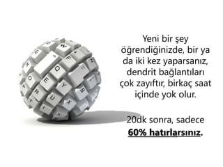 Yeni bir şey
öğrendiğinizde, bir ya
da iki kez yaparsanız,
dendrit bağlantıları
çok zayıftır, birkaç
saat içinde yok olur.
20dk sonra, sadece
60% hatırlarsınız.

 