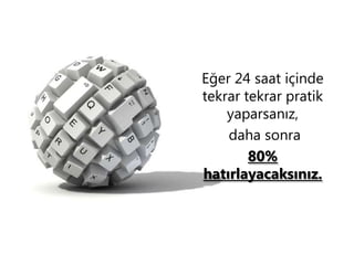 Eğer 24 saat içinde
tekrar tekrar pratik
yaparsanız,
daha sonra
80%
hatırlayacaksınız.

 