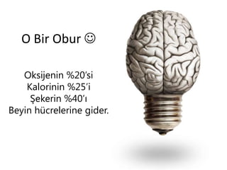 O	
 Bir	
 Obur	
 J	
 
Oksijenin %20’si
Kalorinin %25’i
Şekerin %40’ı
Beyin hücrelerine gider.

 