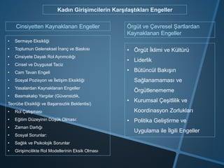 Kadın Girişimcilerin Karşılaştıkları Engeller
Cinsiyetten Kaynaklanan Engeller Örgüt ve Çevresel Şartlardan
Kaynaklanan Engeller
• Sermaye Eksikliği
• Toplumun Geleneksel İnanç ve Baskısı
• Cinsiyete Dayalı Rol Ayrımcılığı
• Cinsel ve Duygusal Taciz
• Cam Tavan Engeli
• Sosyal Pozisyon ve İletişim Eksikliği
• Yasalardan Kaynaklanan Engeller
• Basmakalıp Yargılar (Güvensizlik,
Tecrübe Eksikliği ve Başarısızlık Beklentisi)
• Rol Çatışması
• Eğitim Düzeyinin Düşük Olması:
• Zaman Darlığı
• Sosyal Sorunlar:
• Sağlık ve Psikolojik Sorunlar
• Girişimcilikte Rol Modellerinin Eksik Olması
• Örgüt İklimi ve Kültürü
• Liderlik
• Bütüncül Bakışın
Sağlanamaması ve
Örgütlenememe
• Kurumsal Çeşitlilik ve
Koordinasyon Zorlukları
• Politika Geliştirme ve
Uygulama ile İlgili Engeller
 
