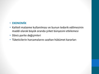 • EKONOMİK 
• Kaliteli malzeme kullanılması ve bunun tedarik edilmesinin 
maddi olarak büyük oranda şirket bünyesini etkilemesi 
• Döviz parite değişimleri 
• Tüketicilerin harcamalarını azaltan hükümet kararları 
 