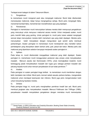 NOR RANI BT OTHMAN 12
                                                                                  [Type the document title]

Terdapat enam kategori di dalam Taksonomi Bloom.
1)          Pengetahuan
Ia memerlukan murid mengenal pasti atau mengingati maklumat. Murid tidak dikehendaki
memanipulasi maklumat, tetapi hanya mengingatinya sahaja. Murid perlu mengingati fakta,
memerhati kembali fakta, memerhati dan mendefinisikan apa yang dipelajari.
2)          Pemahaman.
Peringkat ini memerlukan murid menunjukkan bahawa mereka telah mempunyai pengetahuan
yang mencukupi untuk menyusun maklumat secara mental. Untuk menjawab soalan, murid
perlu memilih fakta yang penting. Untuk peringkat ini, murid perlu bukan setakat mengingati
semula tetapi menunjukkan mereka lebih memahami apa yang telah dipelajari. Mereka perlu
menunjukkan             boleh menyatakan dengan mengunakan ayat sendiri serta membuat
perbandingan. Soalan peringkat ini memerlukan murid menterjemah atau mentafsir bahan
pembelajaran yang ditunjukkan dalam bentuk carta, graf, jadual dan katun. Mereka perlu ada
maklumat yang diperlukan sebelum berupaya menjawab soalan peringkat ini .
3)          Aplikasi.
Pada tahap ini, murid dikehendaki mengaplikasi maklumat yang telah dipelajari. Soalan
peringkat ini, memerlukan murid menggunakan peraturan atau proses untuk menyelesaikan
masalah.         Menurut Jacobs dan Dominoswki (1973), untuk meningkatkan kreativiti, murid
bertanggung jawab menyelesaikan masalah dan tugas guru sebagai pemberi masalah dan
peluang kepada murid untuk mencari penyelesaian di luar kotak pemikiran.17
4)          Analisis.
Pada peringkat ini soalan peringkat tinggi terlibat . Ia memerlukan murid memikirkan dengan
lebih mendalam dan kritikal. Murid perlu mencari sebab sesuatu perkara berlaku, menganalisis
maklumat untuk mendapat kesimpulan dan inferens. Murid juga perlu mengemukakan bukti
untuk menyokong hipotesis mereka.
5)          Sintesis
Pada peringkat tinggi ini, murid perlu menghasilkan pemikiran kreatif dan asli. Murid perlu
membuat jangkaan atau menyelesaikan masalah. Menurut Feldhusen dan Triffinger (1980),
penyelesaian masalah menyediakan pengalaman dengan memaksa murid memanipulasi




17 17
        Daniel Fasko, Jr.(2001),Education and Creativity Education, Bowling Green State University,
           Creativity Research Journal ms 322.

KAE 3013 KREAVITI KANAK- KANAK                         TUGASAN 2                                      12
 