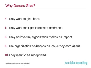 Why Donors Give? They want to give back They want their gift to make a difference They believe the organization makes an impact The organization addresses an issue they care about They want to be recognized 