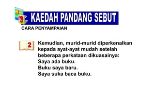 CARA PENYAMPAIANCARA PENYAMPAIAN
Kemudian murid murid diperkenalkan
CC
Kemudian, murid-murid diperkenalkan
kepada ayat-ayat mudah setelah
beberapa perkataan dikuasainya:beberapa perkataan dikuasainya:
Saya ada buku.
Buku saya baruBuku saya baru.
Saya suka baca buku.
 
