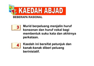 BEBERAPA RASIONAL
Murid berpeluang menjalin huruf
S O
Murid berpeluang menjalin huruf
konsonan dan huruf vokal bagi
membentuk suku kata dan akhirnyamembentuk suku kata dan akhirnya
perkataan.
Kaedah ini bersifat petunjuk dan
kanak-kanak diberi peluangkanak-kanak diberi peluang
berinisiatif.
 
