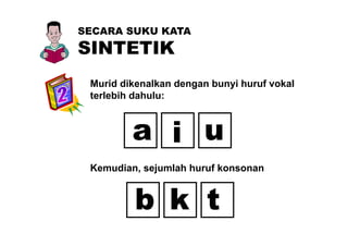 SECARA SUKU KATA
SINTETIK
Murid dikenalkan dengan bunyi huruf vokal
terlebih dahulu:terlebih dahulu:
ia i u
Kemudian, sejumlah huruf konsonan
b k tb k t
 