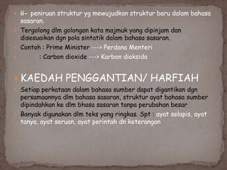  ii- peniruan struktur yg mewujudkan struktur baru dalam bahasa

sasaran.
 Tergolong dlm golongan kata majmuk yang dipinjam dan
disesuaikan dgn pola sintatik dalam bahasa sasaran.
 Contoh : Prime Minister ---> Perdana Menteri

: Carbon dioxide ---> Karbon dioksida

 KAEDAH PENGGANTIAN/ HARFIAH
 Setiap perkataan dalam bahasa sumber dapat digantikan dgn

persamaannya dlm bahasa sasaran, struktur ayat bahasa sumber
dipindahkan ke dlm bhasa sasaran tanpa perubahan besar
 Banyak digunakan dlm teks yang ringkas. Spt : ayat selapis, ayat
tanya, ayat seruan, ayat perintah dn keterangan

 