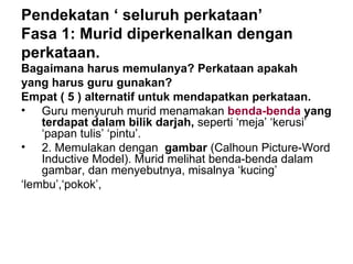 Pendekatan ‘ seluruh perkataan’
Fasa 1: Murid diperkenalkan dengan
perkataan.
Bagaimana harus memulanya? Perkataan apakah
...