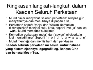 Ringkasan langkah-langkah dalam
   Kaedah Seluruh Perkataan
• Murid diajar menyebut ‘seluruh perkataan’ selepas guru
  men...