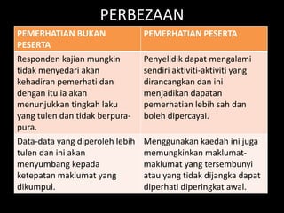 PERBEZAAN
PEMERHATIAN BUKAN                PEMERHATIAN PESERTA
PESERTA
Responden kajian mungkin         Penyelidik dapat mengalami
tidak menyedari akan             sendiri aktiviti-aktiviti yang
kehadiran pemerhati dan          dirancangkan dan ini
dengan itu ia akan               menjadikan dapatan
menunjukkan tingkah laku         pemerhatian lebih sah dan
yang tulen dan tidak berpura-    boleh dipercayai.
pura.
Data-data yang diperoleh lebih   Menggunakan kaedah ini juga
tulen dan ini akan               memungkinkan maklumat-
menyumbang kepada                maklumat yang tersembunyi
ketepatan maklumat yang          atau yang tidak dijangka dapat
dikumpul.                        diperhati diperingkat awal.
 