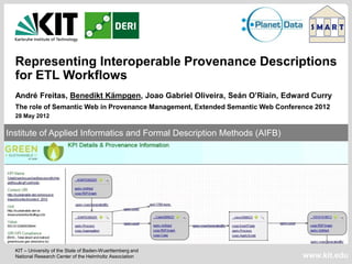 Representing Interoperable Provenance Descriptions
  for ETL Workflows
  André Freitas, Benedikt Kämpgen, Joao Gabriel Oliveira, Seán O’Riain, Edward Curry
  The role of Semantic Web in Provenance Management, Extended Semantic Web Conference 2012
  28 May 2012


Institute of Applied Informatics and Formal Description Methods (AIFB)




  KIT – University of the State of Baden-Wuerttemberg and
  National Research Center of the Helmholtz Association                           www.kit.edu
 