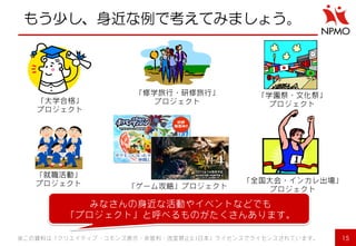 もう少し、身近な例で考えてみましょう。 
「大学合格」 
プロジェクト 
「全国大会・インカレ出場」 
プロジェクト 
「学園祭・文化祭」 
プロジェクト 
「ゲーム攻略」プロジェクト 
「就職活動」 
プロジェクト 
「修学旅行・研修旅行」 
プロジェクト 
※この資料は「クリエイティブ・コモンズ表示・非営利・改変禁止2.1日本」ライセンスでライセンスされています。 15 
みなさんの身近な活動やイベントなどでも 
「プロジェクト」と呼べるものがたくさんあります。 
 