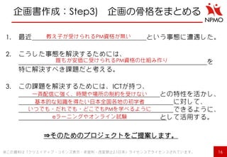 企画書作成：Step3) 企画の骨格をまとめる 
1.最近 という事態に遭遇した。 
2.こうした事態を解決するためには、 を 特に解決すべき課題だと考える。 
3.この課題を解決するためには、ICTが持つ、 との特性を活かし、 に対して、 できるように、 として活用する。 
⇒そのためのプロジェクトをご提案します。 
16 
※この資料は「クリエイティブ・コモンズ表示・非営利・改変禁止2.1日本」ライセンスでライセンスされています。 
教え子が受けられるPM資格が無い 
誰もが安価に受けられるPM資格の仕組み作り 
一斉配信に強く、時間や場所の制約を受けない 
基本的な知識を得たい日本全国各地の初学者 
いつでも・だれでも・どこでもPMを学べるように 
eラーニングやオンライン試験  