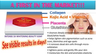 A FIRST IN THE MARKET!!!



           • cleanses deeply embedded dirt removing
           black/white heads
           • helps lighten skin pigmentation such as acne
           scars, blemishes and age spots
           • it removes dead skin cells through micro-
           exfoliation
           • tightens pores and gently lifts your skin
           • moisturizes the skin and promotes elasticity
 