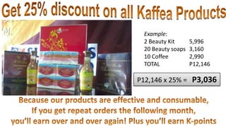 Example:
 2 Beauty Kit      5,996
 20 Beauty soaps   3,160
 10 Coffee         2,990
 TOTAL             P12,146

P12,146 x 25% = P3,036
 
