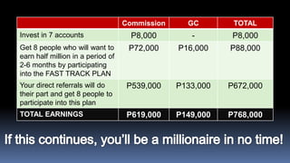 Commission     GC        TOTAL
Invest in 7 accounts                 P8,000        -        P8,000
Get 8 people who will want to       P72,000     P16,000    P88,000
earn half million in a period of
2-6 months by participating
into the FAST TRACK PLAN
Your direct referrals will do       P539,000    P133,000   P672,000
their part and get 8 people to
participate into this plan
TOTAL EARNINGS                      P619,000    P149,000   P768,000
 