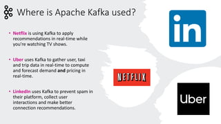 Where is Apache Kafka used?
• Netflix is using Kafka to apply
recommendations in real-time while
you're watching TV shows....