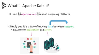 What is Apache Kafka?
• It is an 🙌 open-source 🙌 event streaming platform.
• Simply put, it is a way of moving data betwee...