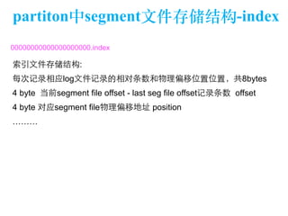 partiton中segment⽂文件存储结构-index 
00000000000000000000.index 
索引⽂文件存储结构: 
每次记录相应log⽂文件记录的相对条数和物理偏移位置位置，共8bytes 
4 byte 当前segment file offset - last seg file offset记录条数 offset 
4 byte 对应segment file物理偏移地址 position 
……… 
 