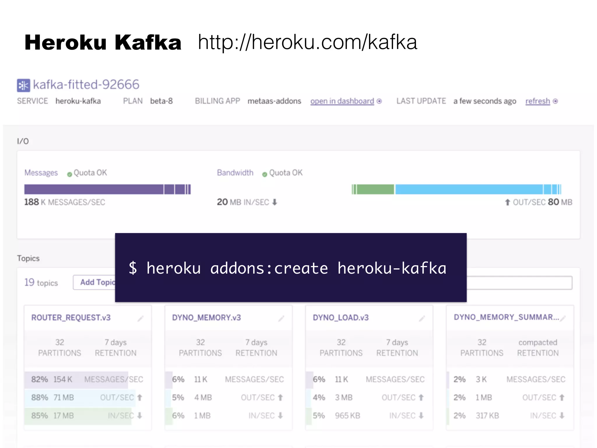 Heroku Kafka http://heroku.com/kafka
$ heroku addons:create heroku-kafka
 