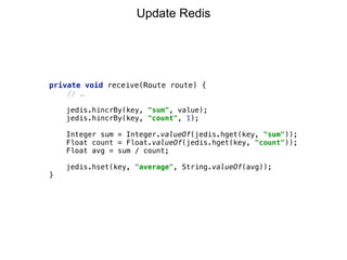 private void receive(Route route) {
// …
 
jedis.hincrBy(key, "sum", value); 
jedis.hincrBy(key, "count", 1); 
 
Integer sum = Integer.valueOf(jedis.hget(key, "sum")); 
Float count = Float.valueOf(jedis.hget(key, "count")); 
Float avg = sum / count;
jedis.hset(key, "average", String.valueOf(avg));
}
Update Redis
 