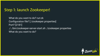 Step 1: launch Zookeeper!
What do you want to do? run:zk
Configuration file? [./zookeeper.properties]
Port? [2181]
./../bin/zookeeper-server-start.sh ./zookeeper.properties
What do you want to do?
 