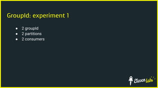 GroupId: experiment 1
● 2 groupId
● 2 partitions
● 2 consumers
 