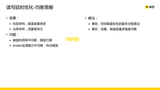 • 背景：
Ø 机型异构，磁盘容量各异
Ø 业务多样，流量差异大
• 问题：
Ø 磁盘利用率不均衡，偶发打满
Ø broker处理能力不均衡，热点频发
• 解法：
Ø 事前：空闲磁盘优先的副本分配算法
Ø 事后：流量、磁盘容量多维度均衡
读写延时优化-均衡策略
 