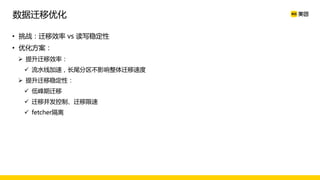 • 挑战：迁移效率 vs 读写稳定性
• 优化方案：
Ø 提升迁移效率：
ü 流水线加速，长尾分区不影响整体迁移速度
Ø 提升迁移稳定性：
ü 低峰期迁移
ü 迁移并发控制、迁移限速
ü fetcher隔离
数据迁移优化
 