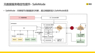 • SafeMode：对掉线节点数量进行判断，超过阈值即进入SafeMode状态
元数据服务稳定性提升- SafeMode
 