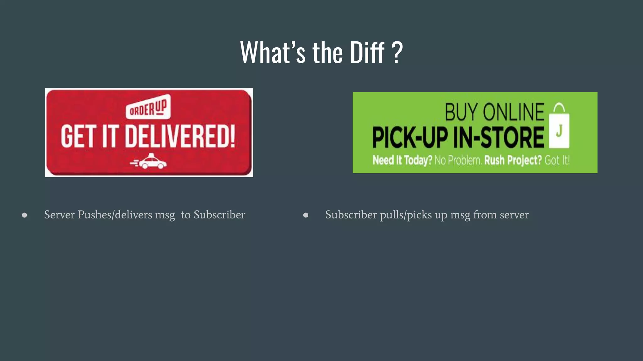 What’s the Diff ?
● Server Pushes/delivers msg to Subscriber ● Subscriber pulls/picks up msg from server
 
