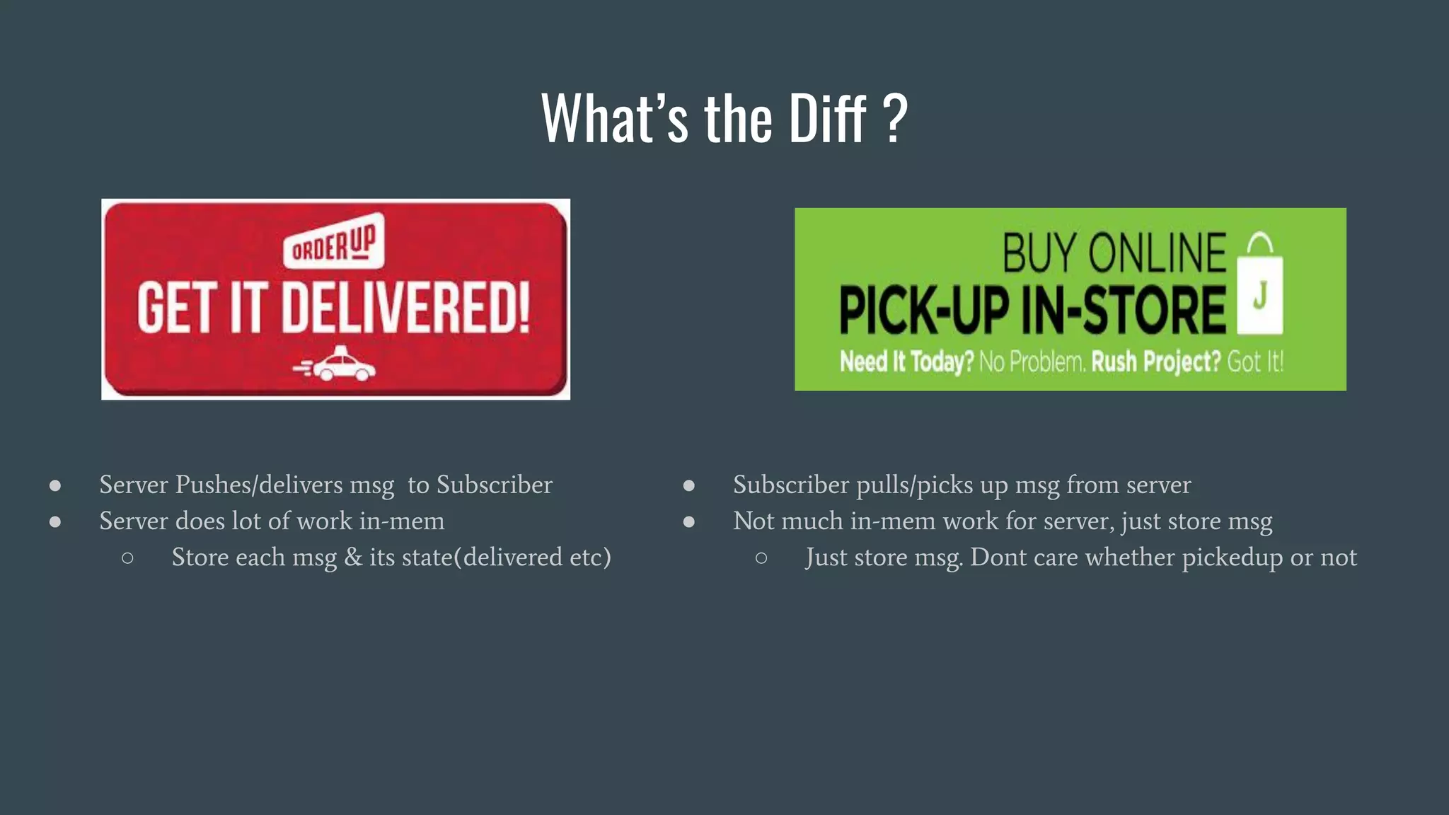 What’s the Diff ?
● Server Pushes/delivers msg to Subscriber
● Server does lot of work in-mem
○ Store each msg & its state(delivered etc)
● Subscriber pulls/picks up msg from server
● Not much in-mem work for server, just store msg
○ Just store msg. Dont care whether pickedup or not
 