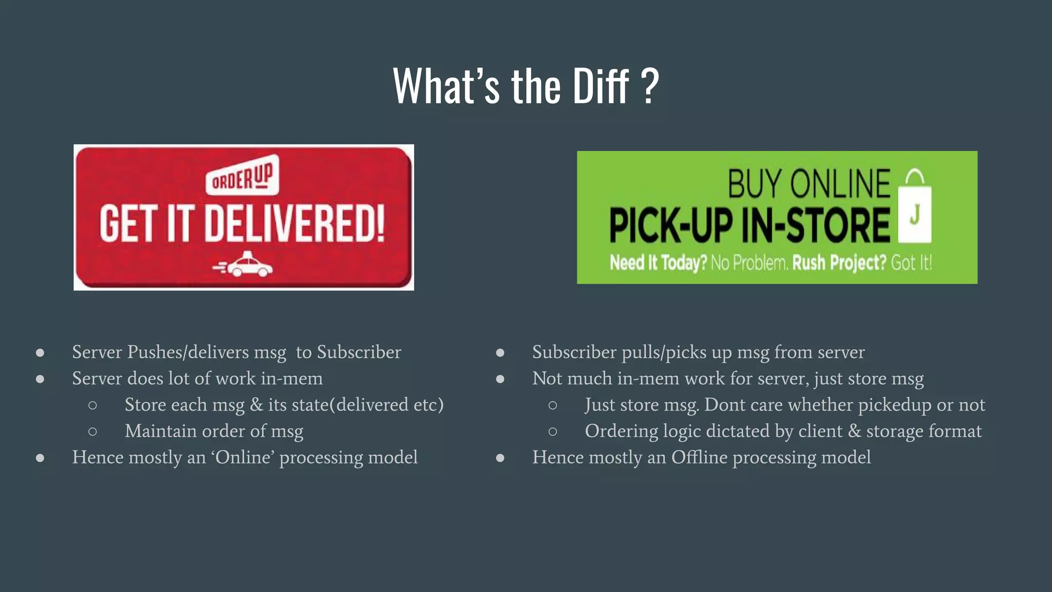 What’s the Diff ?
● Server Pushes/delivers msg to Subscriber
● Server does lot of work in-mem
○ Store each msg & its state(delivered etc)
○ Maintain order of msg
● Hence mostly an ‘Online’ processing model
● Subscriber pulls/picks up msg from server
● Not much in-mem work for server, just store msg
○ Just store msg. Dont care whether pickedup or not
○ Ordering logic dictated by client & storage format
● Hence mostly an Oﬄine processing model
 