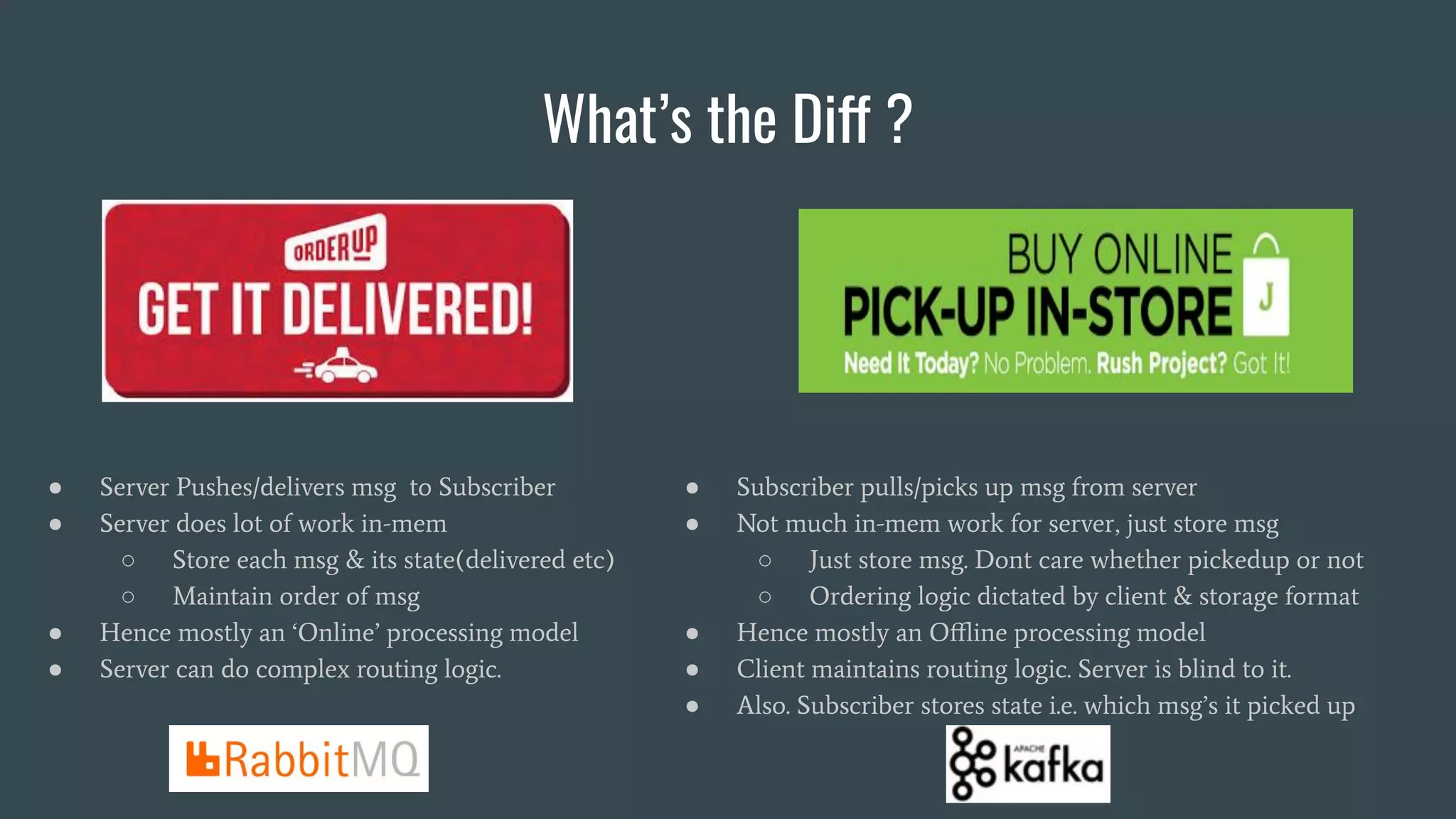 What’s the Diff ?
● Server Pushes/delivers msg to Subscriber
● Server does lot of work in-mem
○ Store each msg & its state(delivered etc)
○ Maintain order of msg
● Hence mostly an ‘Online’ processing model
● Server can do complex routing logic.
● Subscriber pulls/picks up msg from server
● Not much in-mem work for server, just store msg
○ Just store msg. Dont care whether pickedup or not
○ Ordering logic dictated by client & storage format
● Hence mostly an Oﬄine processing model
● Client maintains routing logic. Server is blind to it.
● Also. Subscriber stores state i.e. which msg’s it picked up
 