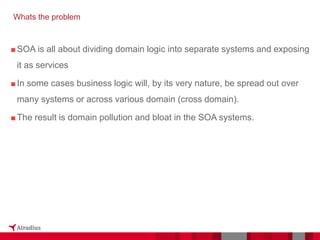 ■SOA is all about dividing domain logic into separate systems and exposing
it as services
■In some cases business logic will, by its very nature, be spread out over
many systems or across various domain (cross domain).
■The result is domain pollution and bloat in the SOA systems.
Whats the problem
 