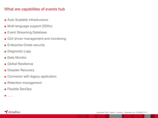 ■ Auto Scalable infrastructure.
■ Multi language support (SDKs)
■ Event Streaming Database
■ GUI driven management and monitoring
■ Enterprise Grade security
■ Diagnostic Logs
■ Data Monitor
■ Global Resilience
■ Disaster Recovery
■ Connector with legacy application
■ Retention management
■ Flexible DevOps
■ …..
Document Title - Name - Function - Business Unit DD/MM/YYYY
What are capabilites of events hub
 
