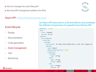 ■ How do manage the event lifecycle?
■ We have API management platform for APIs.
56
Document Title - Name - Function - Business Unit DD/MM/YYYY
Async API - https://www.asyncapi.com/
Event lifecycle
- Design
- Documentation
- Code generation
- Event management
- Test
- Monitoring
An Async API document is a file that defines and annotates
the different components of a specific Event-Driven API.
 