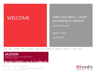 WELCOME

Kafka and Storm – event
processing in realtime
Guido Schmutz 
Jazoon 2013
23.10.2013

BASEL

2

BERN

LAUSANNE

Z...
