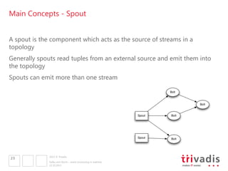 Main Concepts - Spout
A spout is the component which acts as the source of streams in a
topology
Generally spouts read tup...